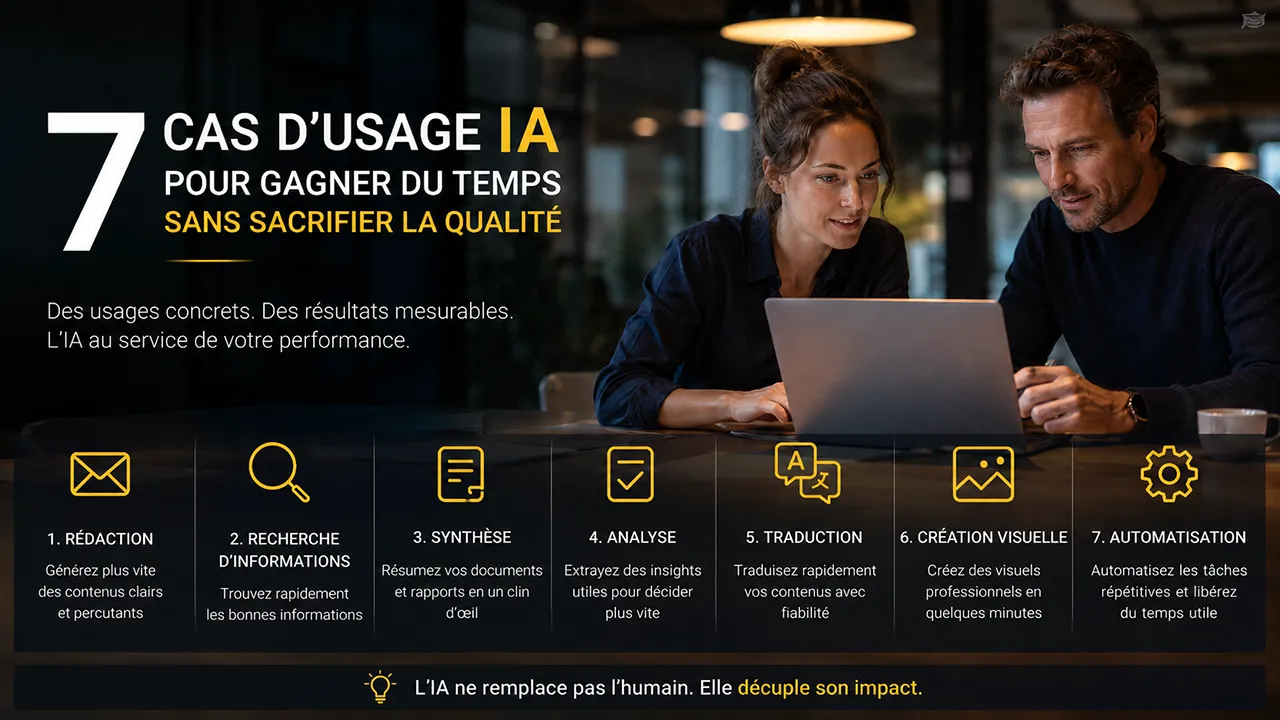 Deux professionnels découvrant sept usages de l’IA pour gagner du temps : rédaction, recherche, synthèse, analyse, traduction, création visuelle et automatisation.